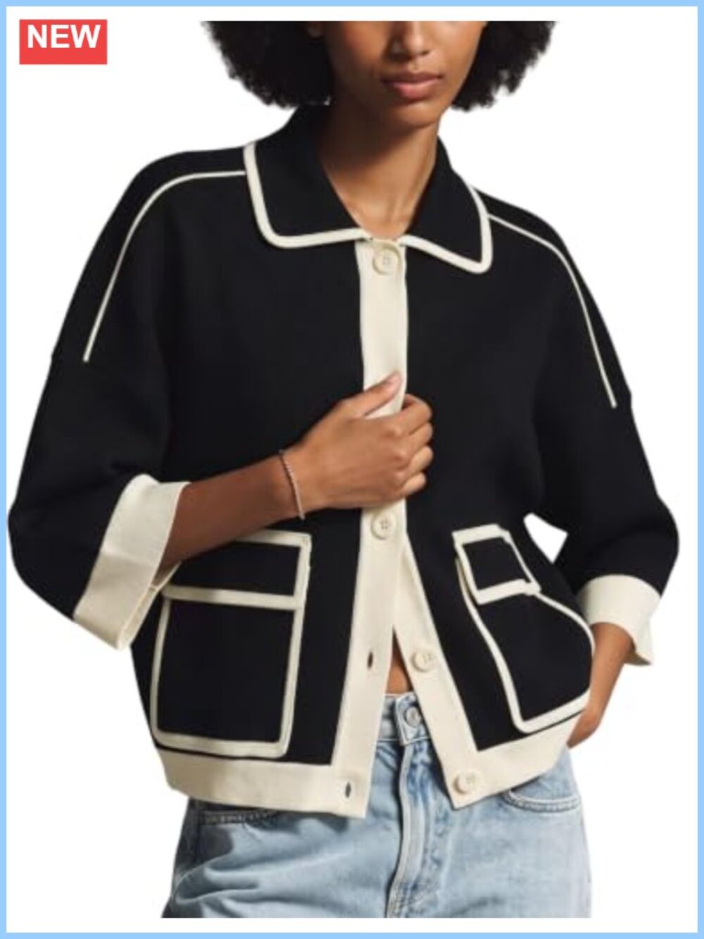 MINSURE 3/4 Sleeve Collared Contrast Knit Cardigan Flap Pockets